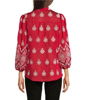 Calessa Petite Size Embroidered Split Ruffle V-Neck 3/4 Sleeve Button Front Tunic