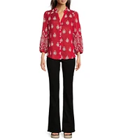 Calessa Petite Size Embroidered Split Ruffle V-Neck 3/4 Sleeve Button Front Tunic