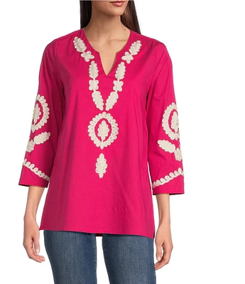 Calessa Petite Size Embroidered Split V-Neck 3/4 Sleeve Tunic
