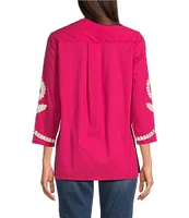 Calessa Petite Size Embroidered Split V-Neck 3/4 Sleeve Tunic