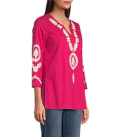 Calessa Petite Size Embroidered Split V-Neck 3/4 Sleeve Tunic