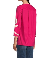 Calessa Petite Size Embroidered Split V-Neck 3/4 Sleeve Tunic