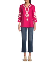 Calessa Petite Size Embroidered Split V-Neck 3/4 Sleeve Tunic