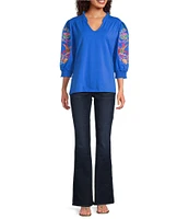 Calessa Petite Size Embroidered Split V-Neck 3/4 Sleeve Tunic