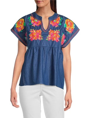 Calessa Petite Size Embroidered Split V-Neck Cap Sleeve Tunic