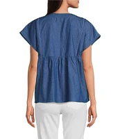 Calessa Petite Size Embroidered Split V-Neck Cap Sleeve Tunic