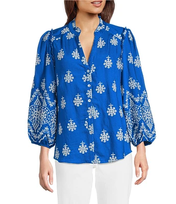 Calessa Petite Size Embroidered Split V-Neck Long Sleeve Button Front Tunic
