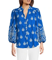Calessa Petite Size Embroidered Split V-Neck Long Sleeve Button Front Tunic