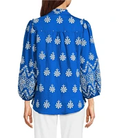 Calessa Petite Size Embroidered Split V-Neck Long Sleeve Button Front Tunic