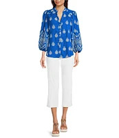 Calessa Petite Size Embroidered Split V-Neck Long Sleeve Button Front Tunic