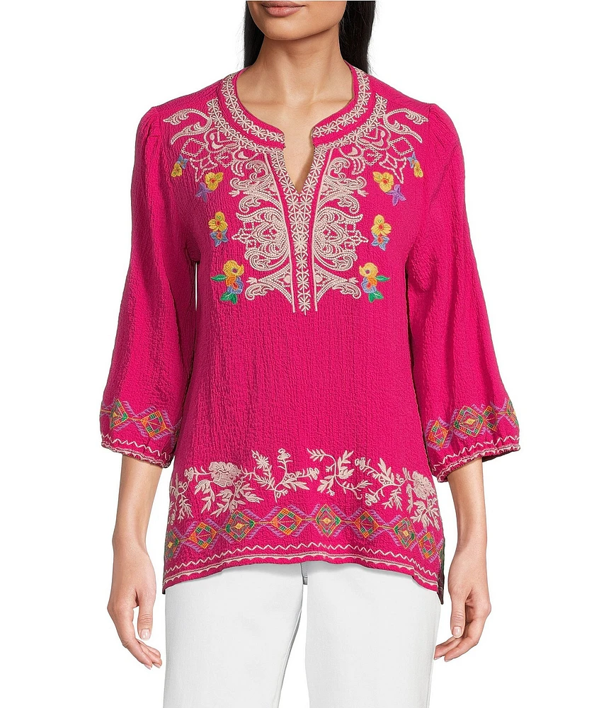 Calessa Petite Size Embroidered Split V-Neck Long Sleeve Tunic