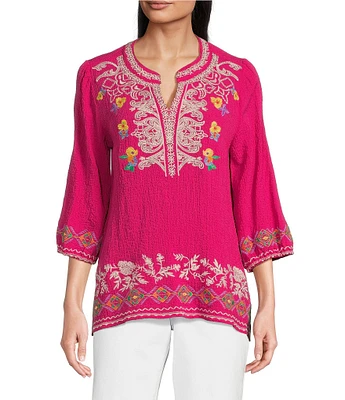 Calessa Petite Size Embroidered Split V-Neck Long Sleeve Tunic