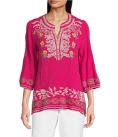 Calessa Petite Size Embroidered Split V-Neck Long Sleeve Tunic