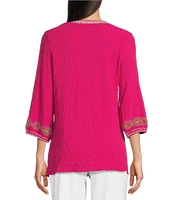 Calessa Petite Size Embroidered Split V-Neck Long Sleeve Tunic