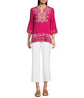 Calessa Petite Size Embroidered Split V-Neck Long Sleeve Tunic