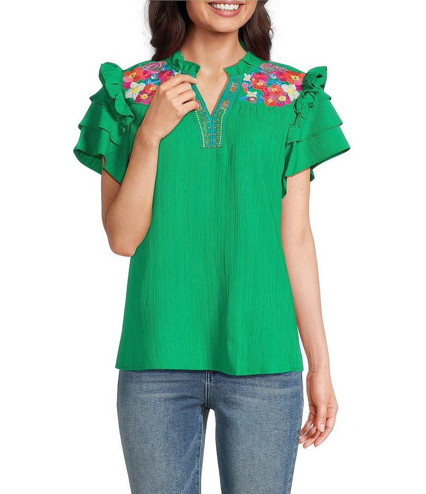 Calessa Petite Size Embroidered Floral Split V-Neck Short Ruffle Sleeve Tunic