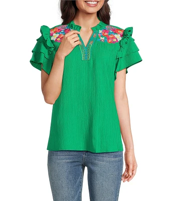 Calessa Petite Size Embroidered Floral Split V-Neck Short Ruffle Sleeve Tunic