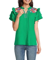 Calessa Petite Size Embroidered Floral Split V-Neck Short Ruffle Sleeve Tunic