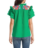 Calessa Petite Size Embroidered Floral Split V-Neck Short Ruffle Sleeve Tunic