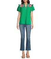 Calessa Petite Size Embroidered Floral Split V-Neck Short Ruffle Sleeve Tunic