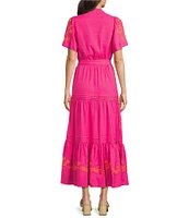 Calessa Petite Size Embroidered Split V-Neck Short Sleeve Belted Tiered Maxi Dress