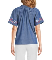 Calessa Petite Size Embroidered Split V-Neck Short Sleeve Button Front Tunic