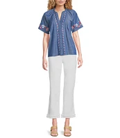 Calessa Petite Size Embroidered Split V-Neck Short Sleeve Button Front Tunic