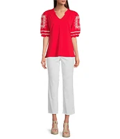 Calessa Petite Size Embroidered Split V-Neck Short Sleeve Tunic