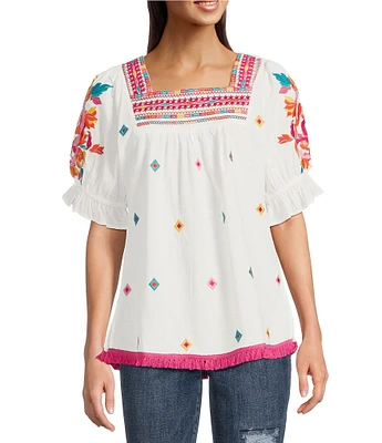 Calessa Petite Size Embroidered Square Neck Short Puff Sleeve Tassel Hem Detail Tunic