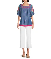 Calessa Petite Size Embroidered Square Neck Short Sleeve Tunic