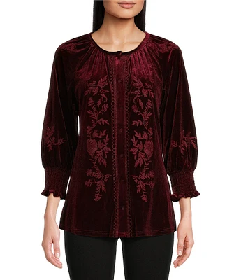 Calessa Petite Size Embroidered Stretch Velvet Crew Neck 3/4 Sleeve Tunic