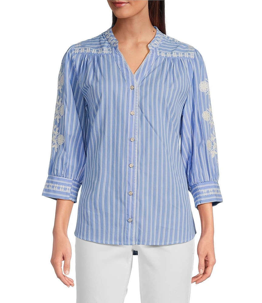Calessa Petite Size Embroidered Stripe Split V-Neck 3/4 Sleeve Button Front Shirt