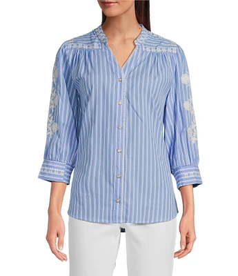 Calessa Petite Size Embroidered Stripe Split V-Neck 3/4 Sleeve Button Front Shirt
