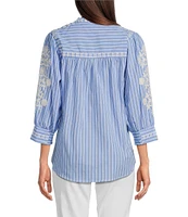 Calessa Petite Size Embroidered Stripe Split V-Neck 3/4 Sleeve Button Front Shirt