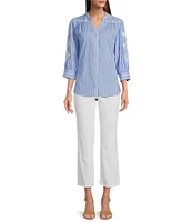 Calessa Petite Size Embroidered Stripe Split V-Neck 3/4 Sleeve Button Front Shirt