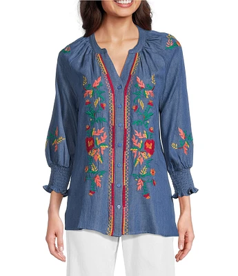 Calessa Petite Size Embroidered Tencel Split Neck 3/4 Sleeve Button Front Tunic
