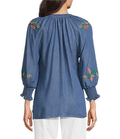 Calessa Petite Size Embroidered Tencel Split Neck 3/4 Sleeve Button Front Tunic