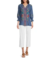 Calessa Petite Size Embroidered Tencel Split Neck 3/4 Sleeve Button Front Tunic