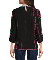 Calessa Petite Size Embroidered Tie-Dye Patchwork Print Crew Neck 3/4 Sleeve Tunic