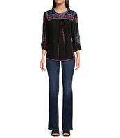 Calessa Petite Size Embroidered Tie-Dye Patchwork Print Crew Neck 3/4 Sleeve Tunic