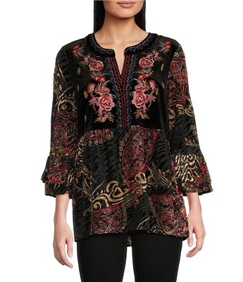 Calessa Petite Size Embroidered Velvet Floral Split V-Neck 3/4 Sleeve Tunic