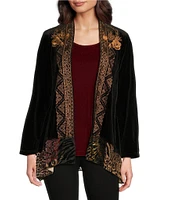 Calessa Petite Size Embroidered Velvet Open Front Cardigan