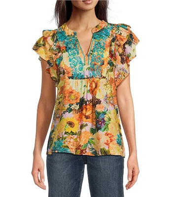 Calessa Petite Size Embroidered Vintage Floral Print Split V-Neck Ruffled Cap Sleeve Tunic