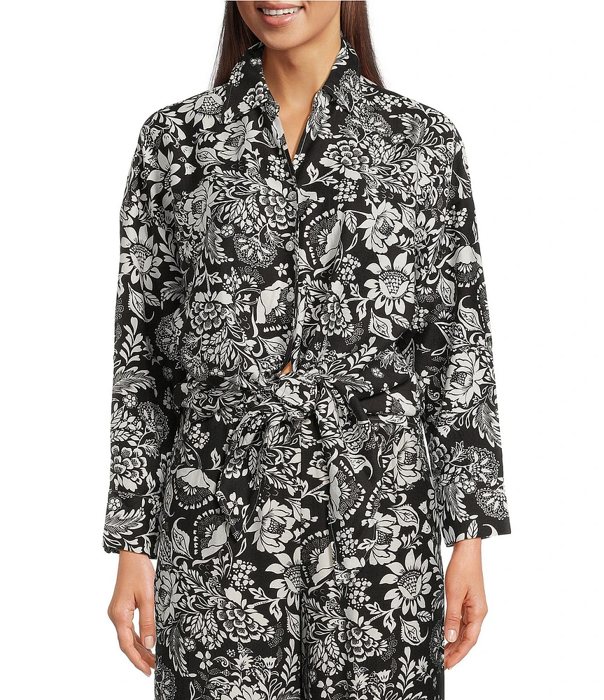 Calessa Petite Size Coordinating Garden Floral Point Collar Long Sleeve Tie-Front Blouse