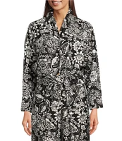 Calessa Petite Size Coordinating Garden Floral Point Collar Long Sleeve Tie-Front Blouse