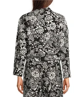 Calessa Petite Size Coordinating Garden Floral Point Collar Long Sleeve Tie-Front Blouse