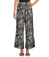 Calessa Petite Size Coordinating Garden Floral Print Wide-Leg Pull-On Pants
