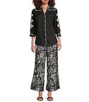 Calessa Petite Size Coordinating Garden Floral Print Wide-Leg Pull-On Pants