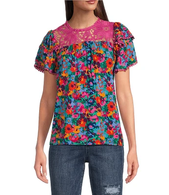 Calessa Petite Size Garden Floral Round Neck Short Sleeve Lace Detail Top