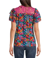 Calessa Petite Size Garden Floral Round Neck Short Sleeve Lace Detail Top